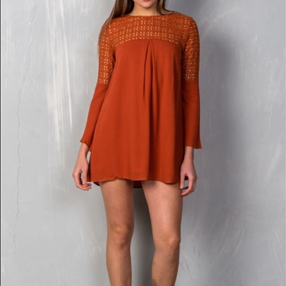 Rust Boho Relaxed Crochet-Yoke Mini Dress